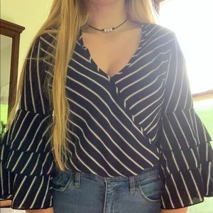 Flare Sleeve Navy Striped Long Sleeve Top